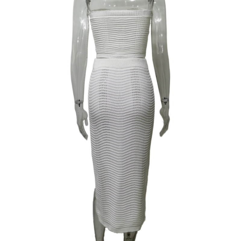 Ootddress Female Knit Off-Shoulder Midi Skirt 2 Piece-Set High Split Long Skirt And Hollow Out Tube Tops Sets Elegant Ladies Outfits