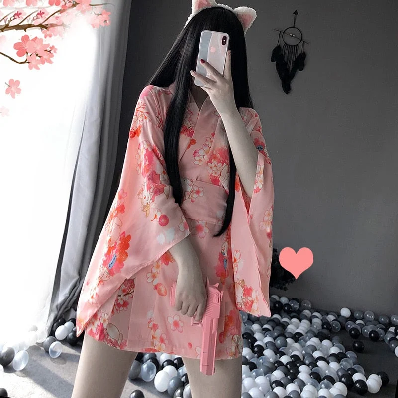 Japanese Kimono Sexy Cosplay Outfit for Women Traditional Style Robe Yukata Costumes Pajamas Soft Silk Belt 2pcs Set Pink Set