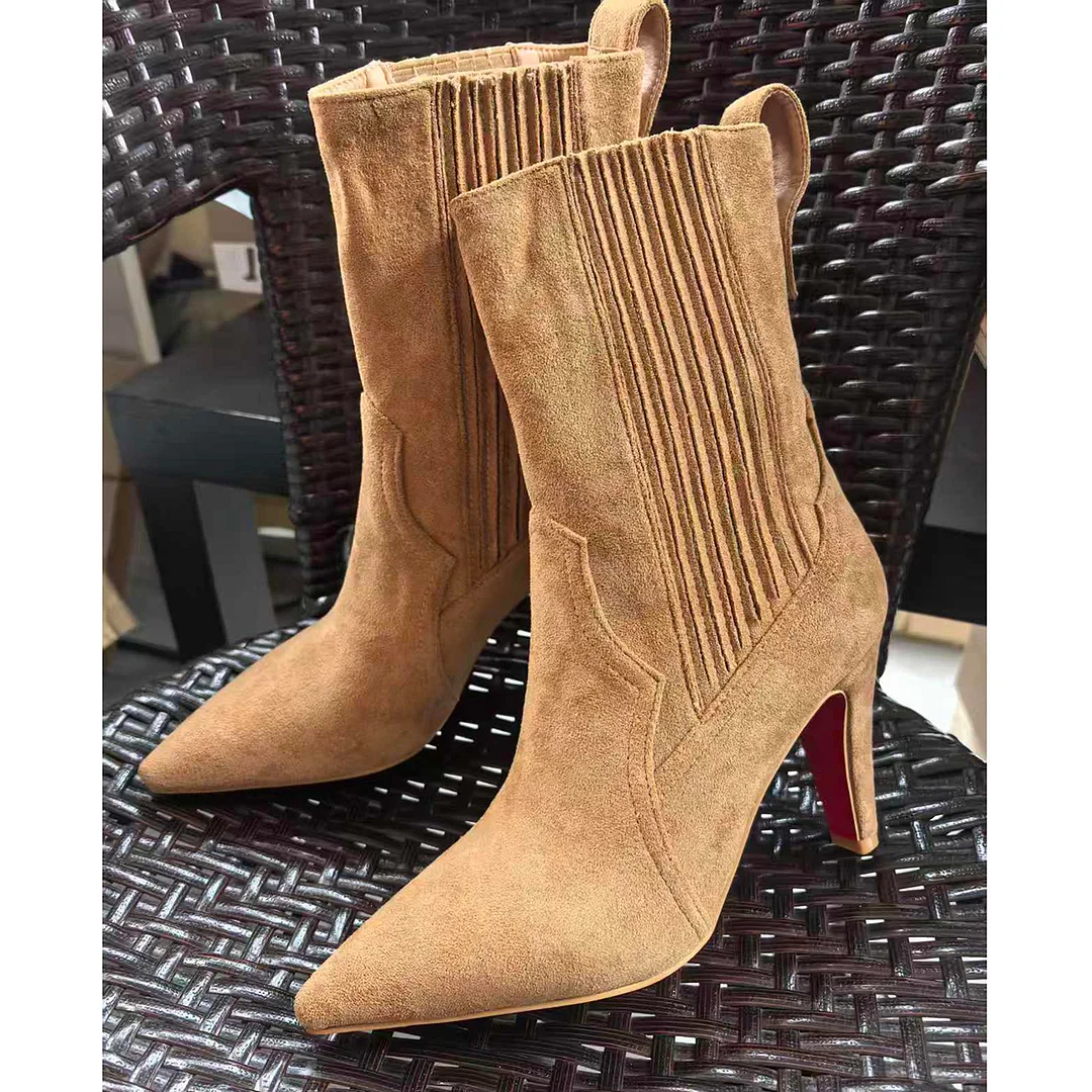80mm Women's Heels Boots Red Bottom Khaki Suede Ankle Boots-MERUMOTE