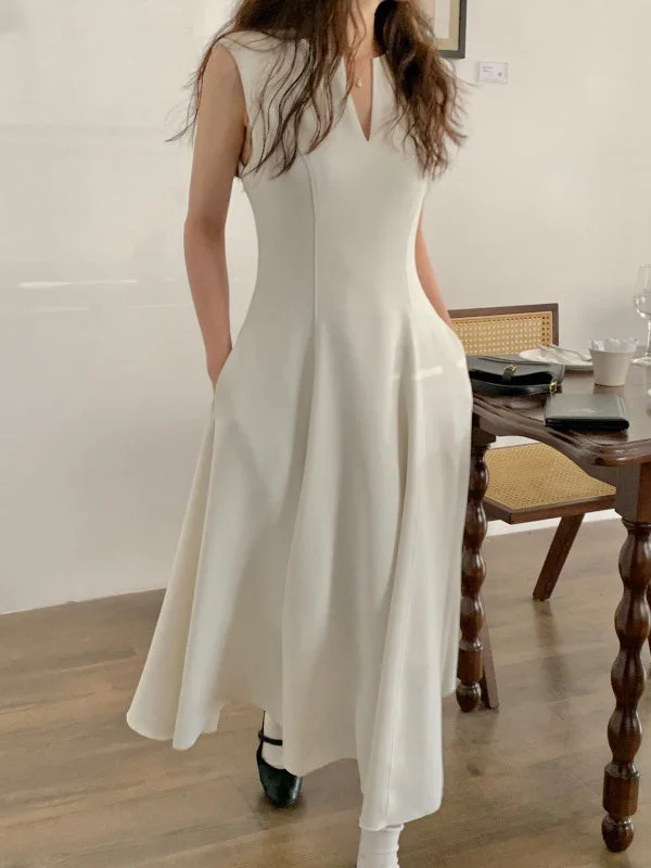 Urban V-neck Solid Color Pockets Sleeveless A-line Midi Dress