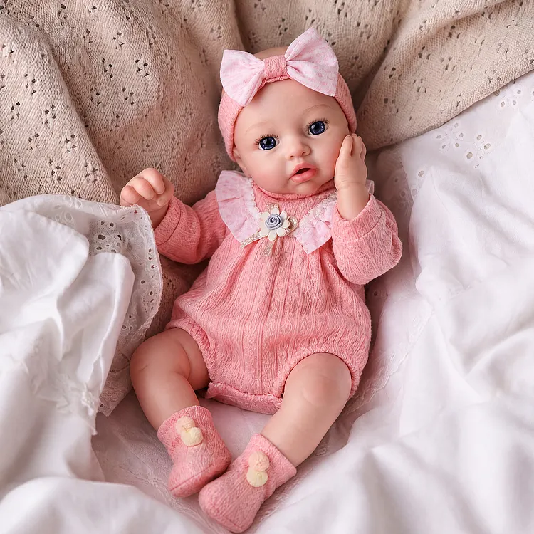 Babeside Dolly 16" Full Silicone Reborn Baby Girl Doll with Calm Infant Face in Pink Floral Knit Romper