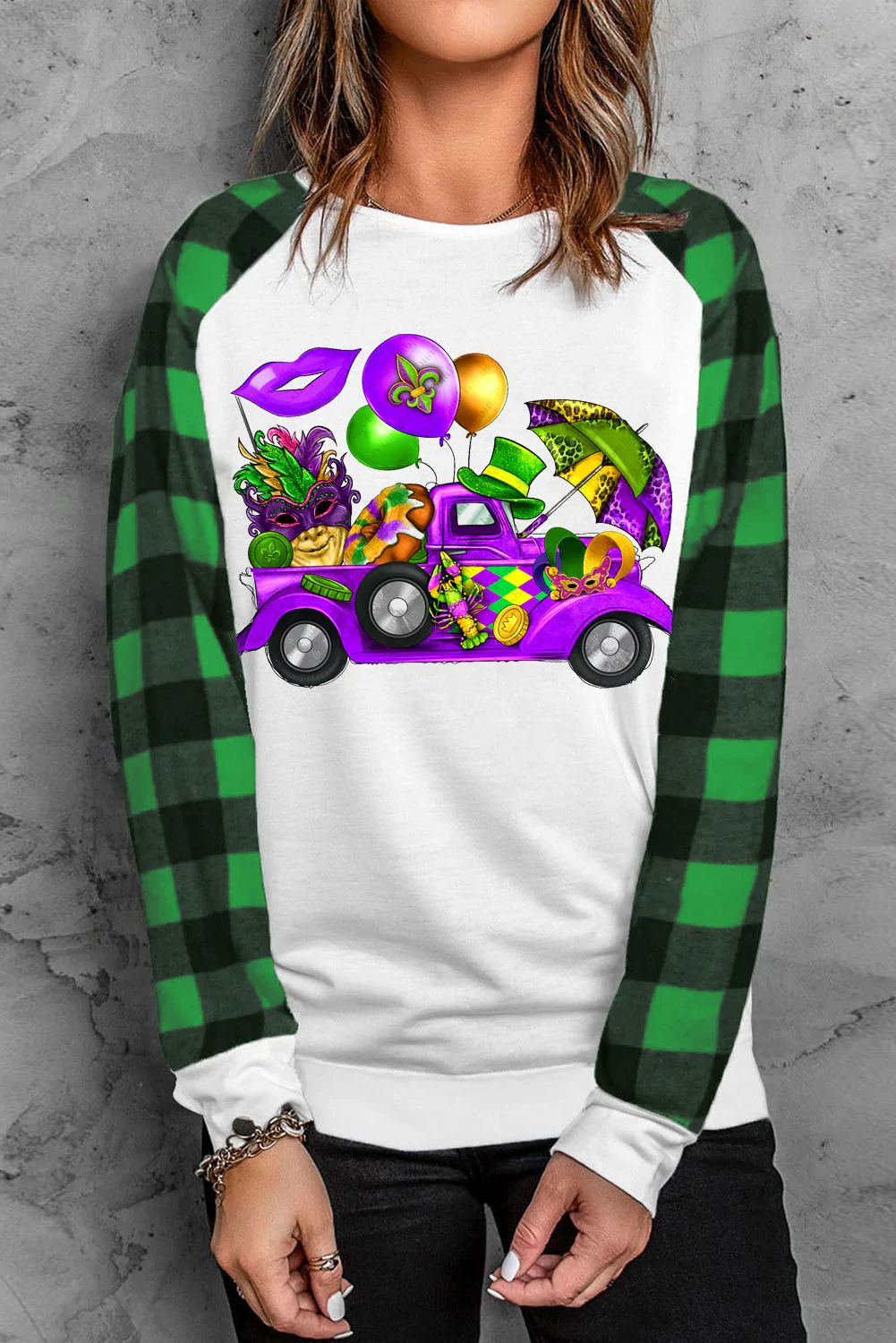 Carnival Day Truck Plaid Round Neck Shift Casual Sweatshirt