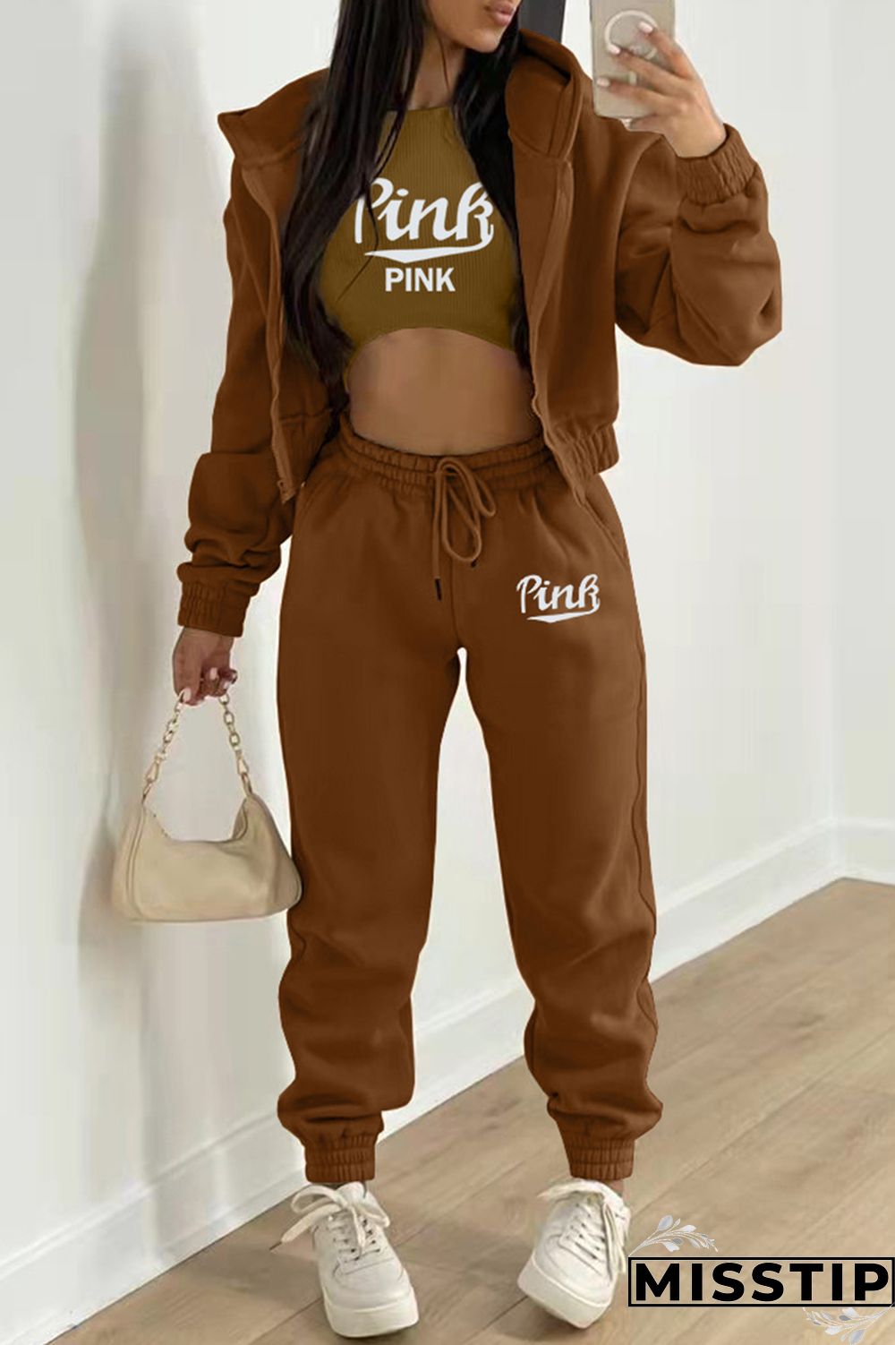 Burgundy Fashion Casual Letter Print Cardigan Vests Pants Hooded Collar Long Sleeve Three-piece Set