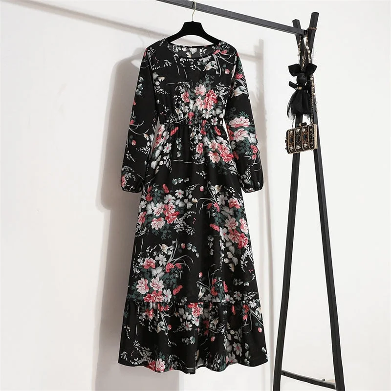 Floral Print Long Dress Women Lantern Long Sleeve High Waist Elegant Party Dress Ladies Casual Spring Summer Beach Maxi Dress