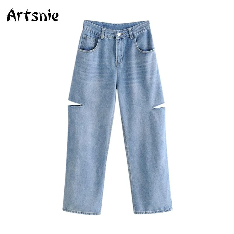 Artsnie High Waist Blue Casual Denim Pants Women Winter 2020 Vintage Hole Boyfriends Jeans Long Pants Female Loose Jeans Mujer