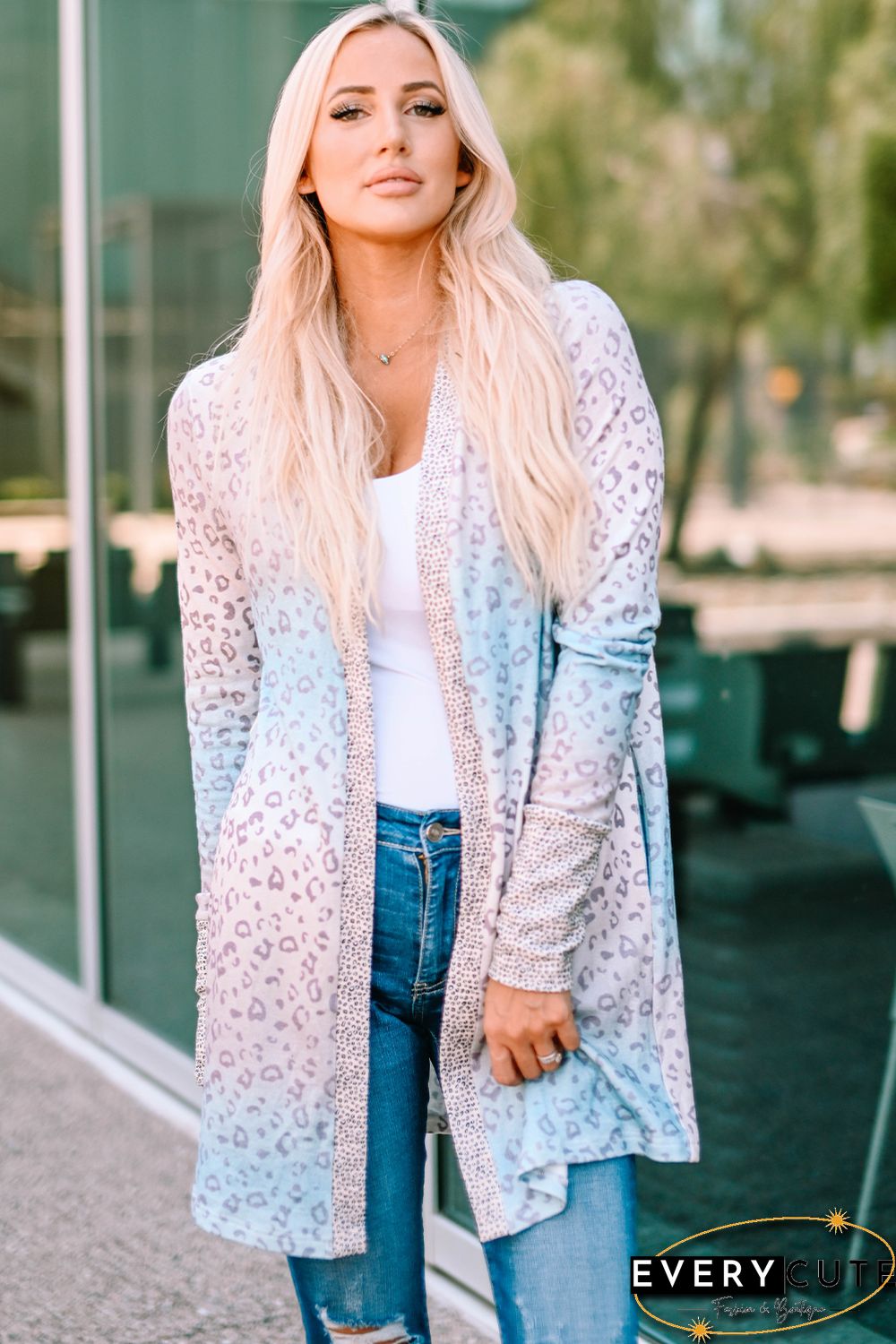 Multicolor Gradient Leopard Open Front Cardigan