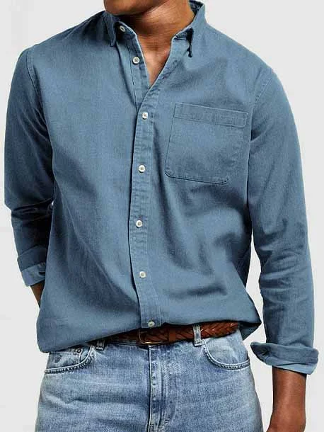 Men's Vintage Washed 100% Cotton Long Sleeve Pocket Shirt