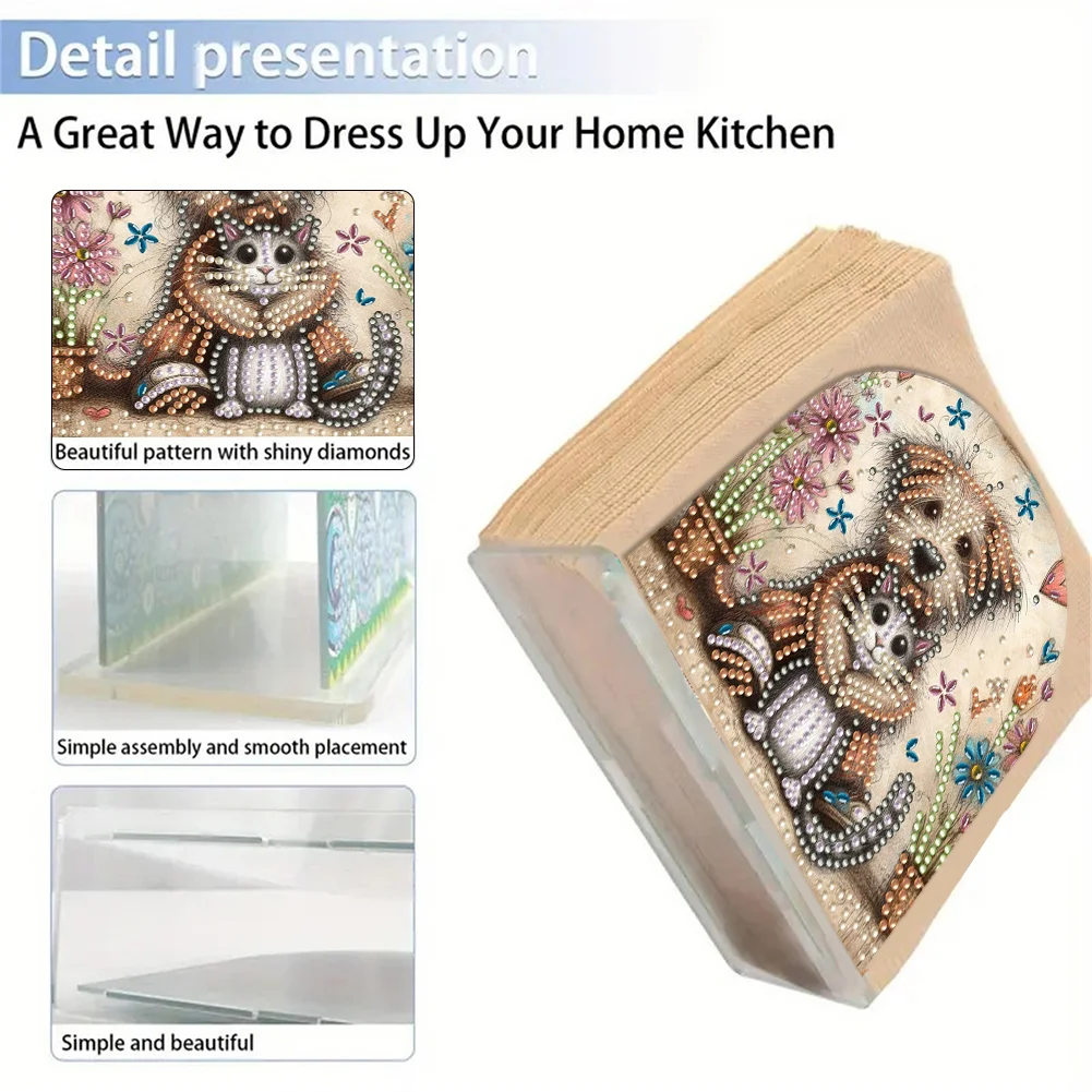 DIY Acrylic Cats Dogs Diamond Painting Paper Towel Holder for Home Art Crafts