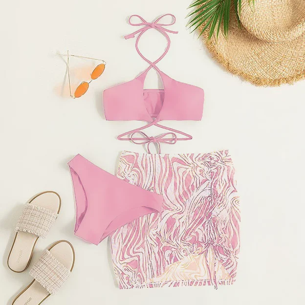 Uveng Uveng New Bikini Sexy Mesh Gathered Solid Color Split Three-Piece Beach Swimsuit