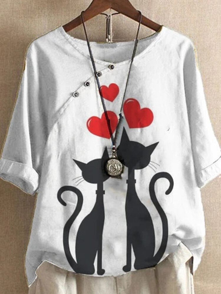 Cartoon Cat Printed Short Sleeve O neck T shirt For Women P1702928