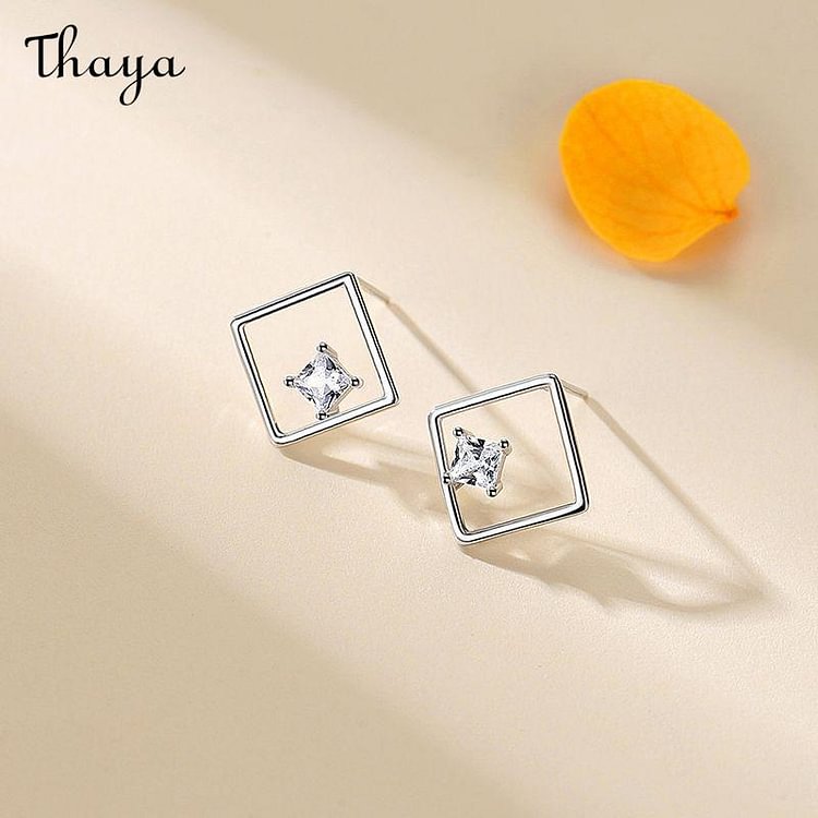 Thaya 925 Silver  Quadrilateral Hollow With Diamond Stud Earrings