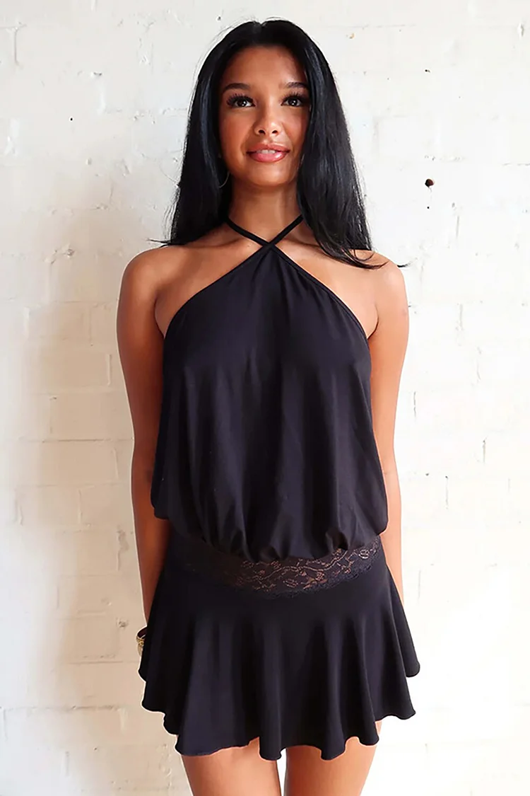 Halterneck Lace Patchwork Cinch Waist Solid Color Mini Dresses-Black