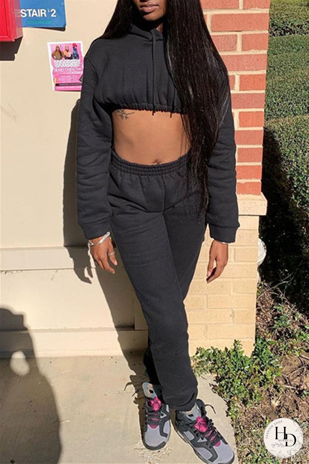 Black Fashion Casual Solid Basic Hooded Collar Long Sleeve Two Pieces