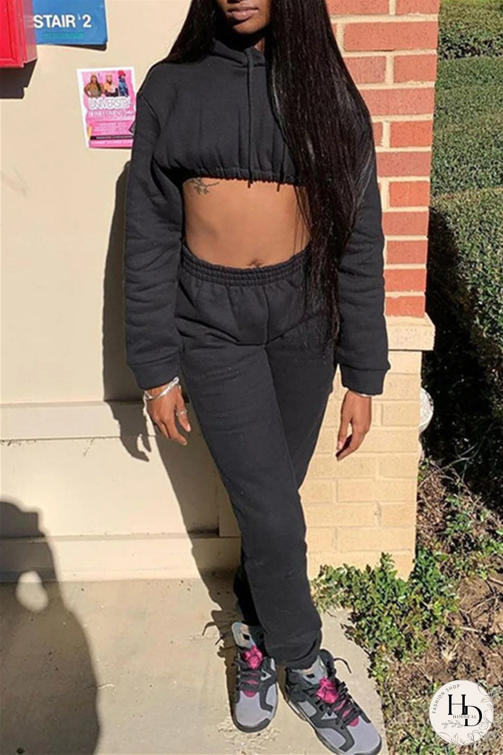 Black Fashion Casual Solid Basic Hooded Collar Long Sleeve Two Pieces