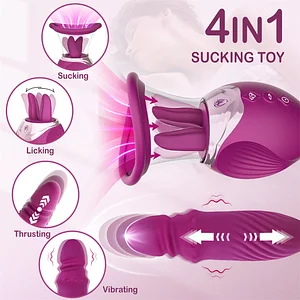 Rose 4-in-1 Sex Toy: Tongue Licking, Thrusting G-Spot Vibrator with Clitoral and Nipple Sucker Pump