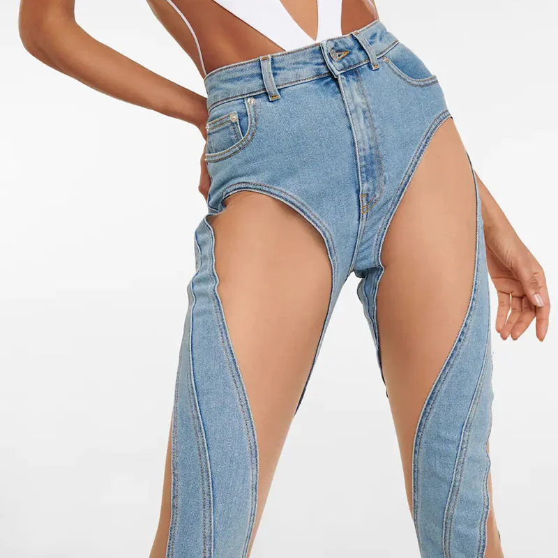 Toloer Toloer Niche Design Sense Mesh Gauze Pants 2024 New Fashion Sexy Spiral Mesh Yarn Splicing Split Jeans-Outfit Ideas