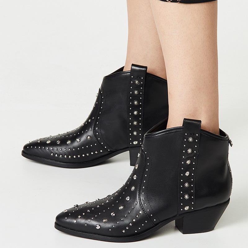 Black Western Boots Studs Block Heel Ankle Boots