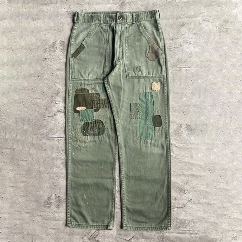 Retro Olive Green Patchwork Contrast Cotton Straight-Leg Pants