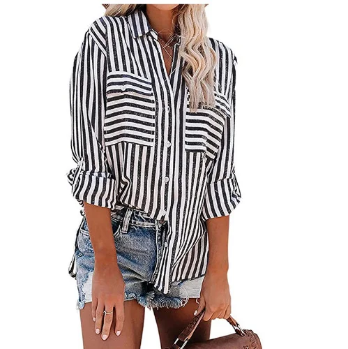 Women's Striped Single Breasted Long Sleeve Casual Loose Shirt Top Outwear