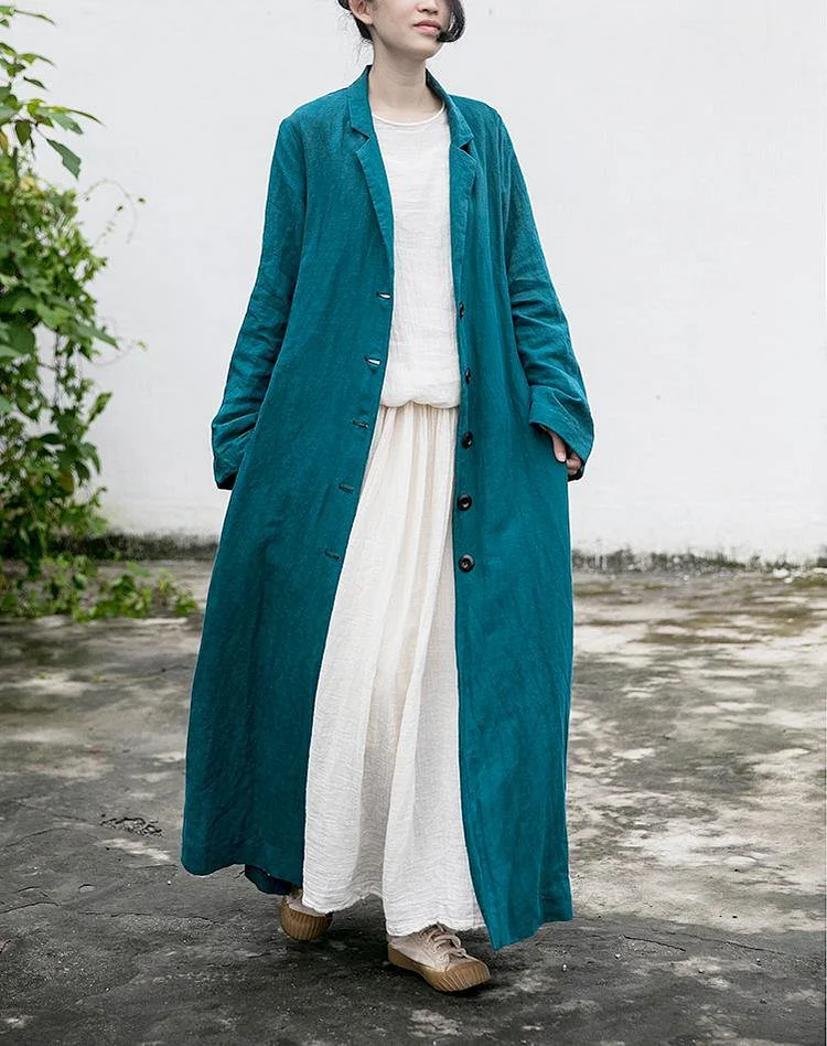 Women Vintage Cotton Linen Trench Bandage Coats Button Long Sleeve