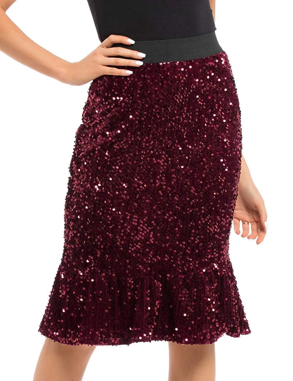 Women's Sequin Skirt High Waist Velvet Shimmer Mermaid Ruffle Party Pencil Skirt
