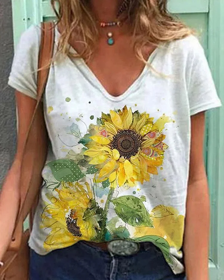 Sunflower Print V Neck Short Sleeve Casual T shirt P5458213269