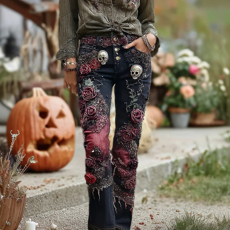 Rose And Skull Embroidered Halloween Gothic Rock Jeans