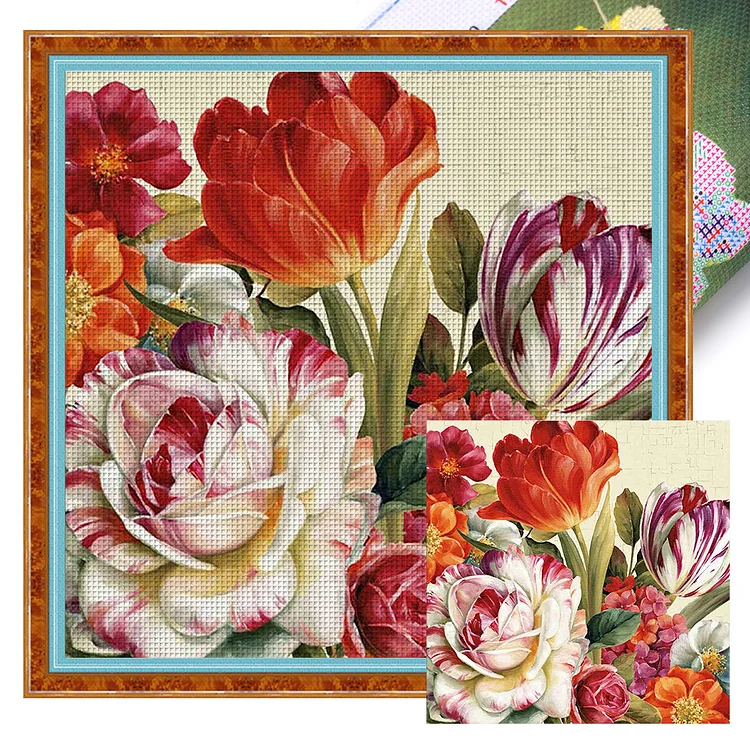 【Huacan Brand】Peonies And Tulips 11CT Stamped Cross Stitch 40*60CM(28 Colors)