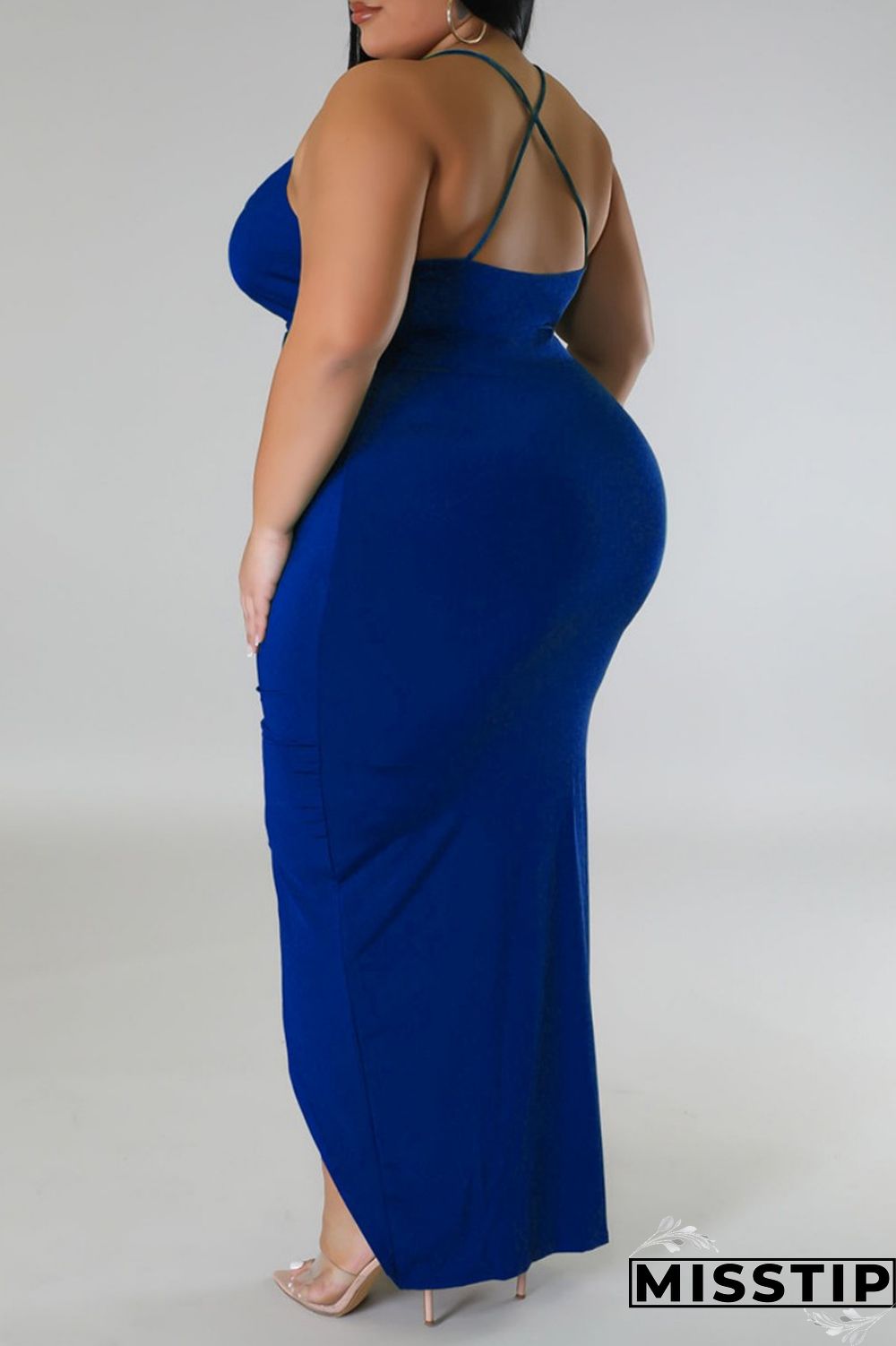 Purple Sexy Solid Patchwork Backless V Neck Sling Dress Plus Size Dresses