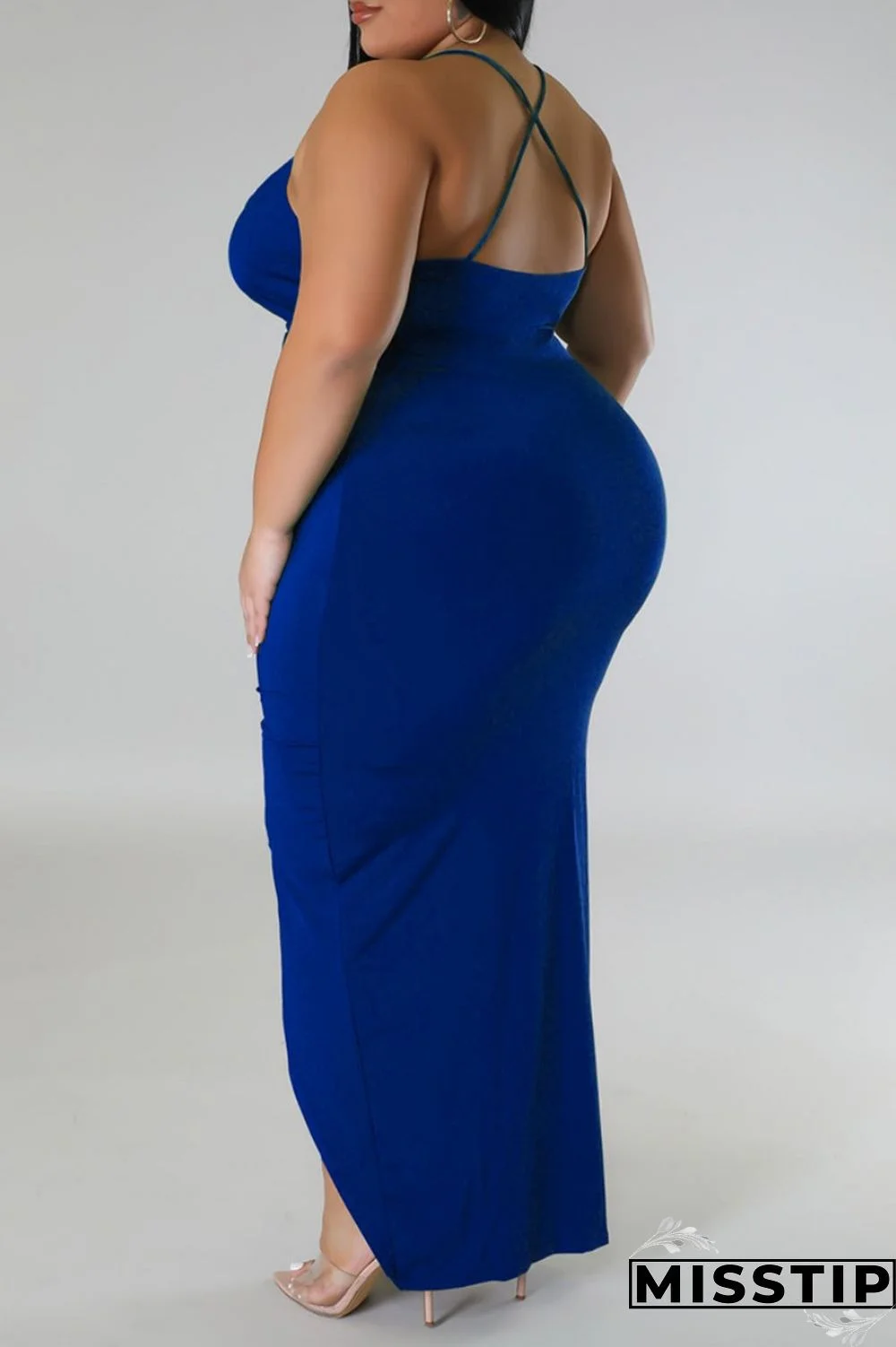 Purple Sexy Solid Patchwork Backless V Neck Sling Dress Plus Size Dresses