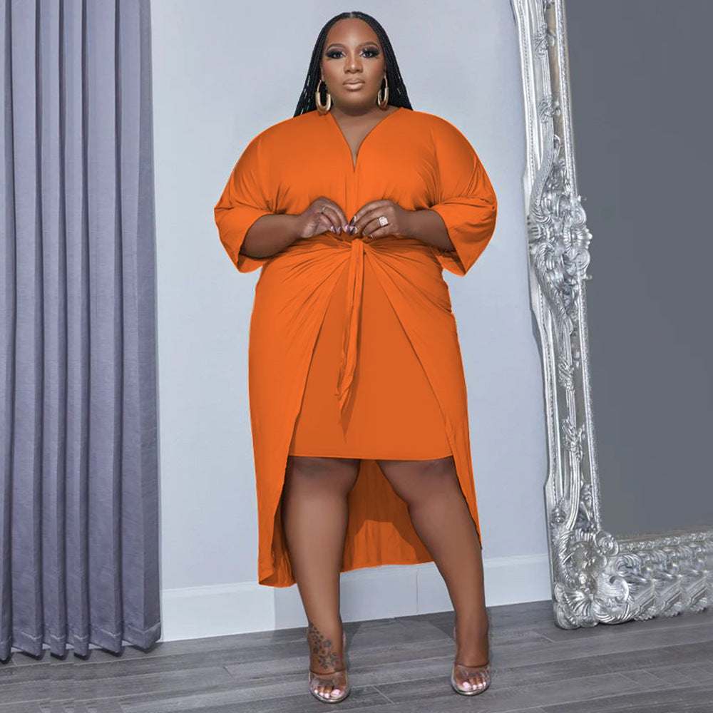Plus Size Women’s Sexy Lace-up Sheath Dress – Mid-Length Sleeve, V-neck