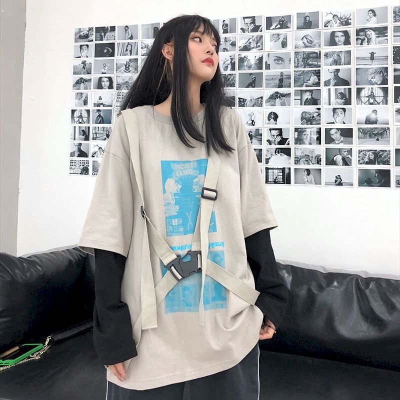 New fake two-piece long-sleeved t-shirt round neck top women OVERSIZE super fire Harajuku couple loose tie rebel printing long-s