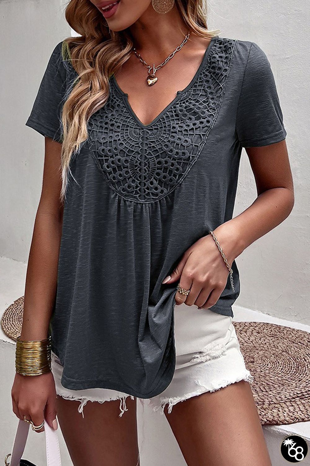 Lace Crochet Patchwork V Neck T Shirt | 168DEAL