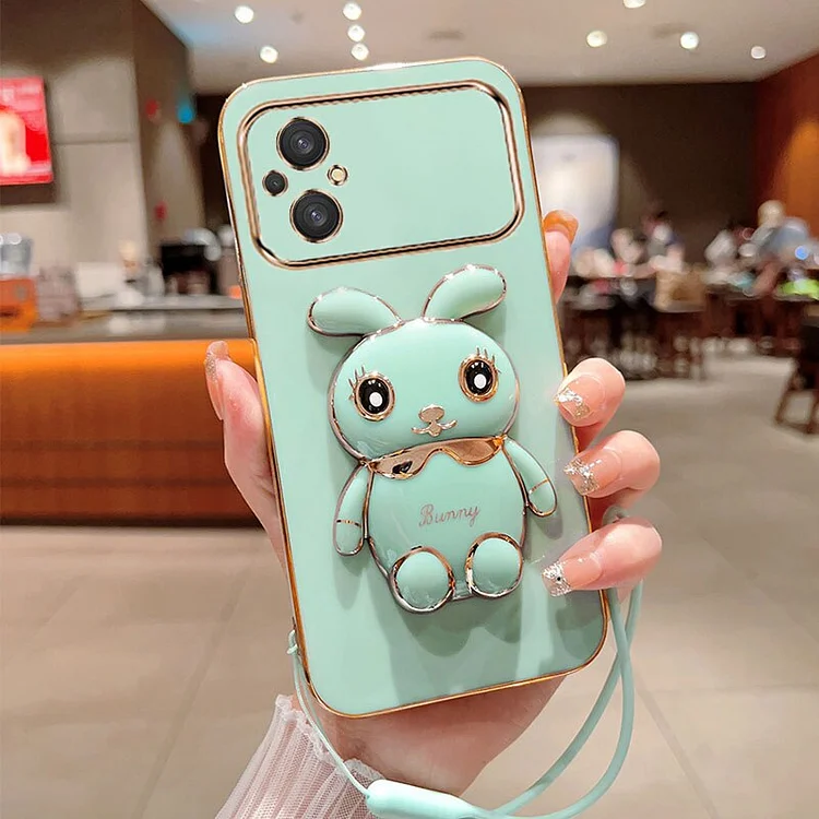 Cute Cartoon Rabbit Fold Stand For Xiaomi Poco M4 5G M5 4G Phone Case With Lanyard Luxury Plating Cover