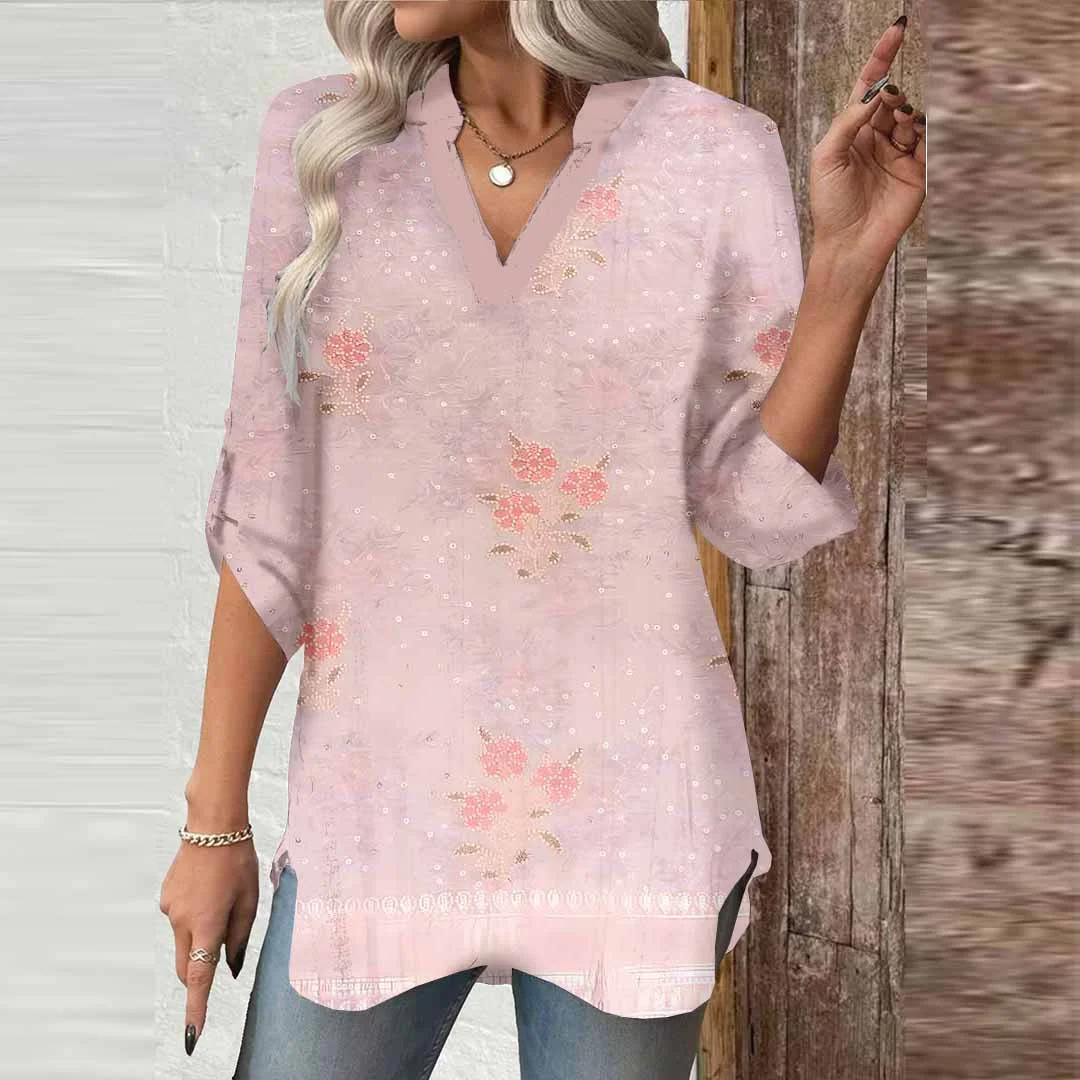 Women Floral, Bohemian, Pink DZGA0442 3/4 Sleeve V-neck Printed Graphic Button Tops