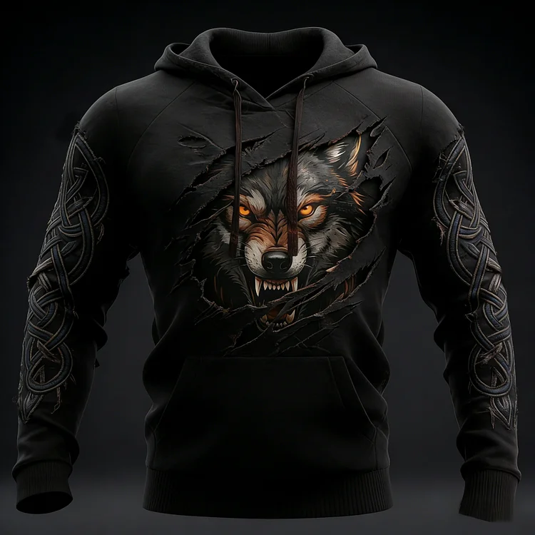 Men's Viking Wolf Pattern Vintage Hoodie