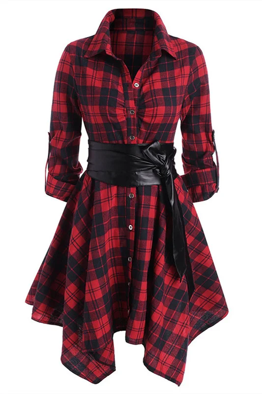 Red Fashion Casual Plaid Print With Belt Turndown Collar Irregular Dress | EGEMISS