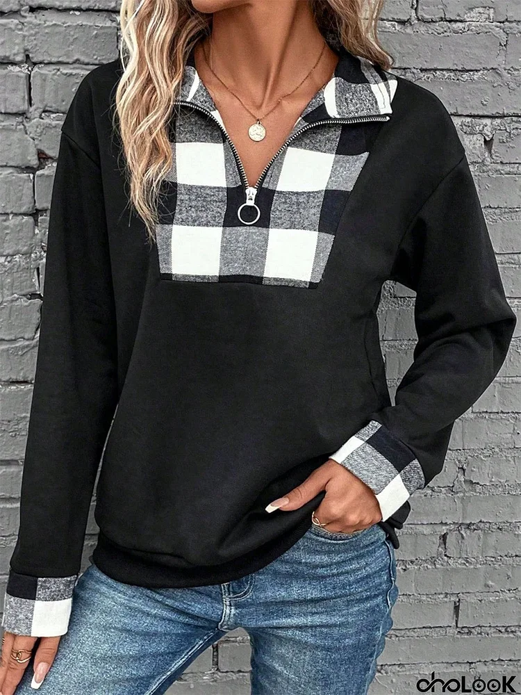 Plaid Quarter-Zip Collared Sweatshirt