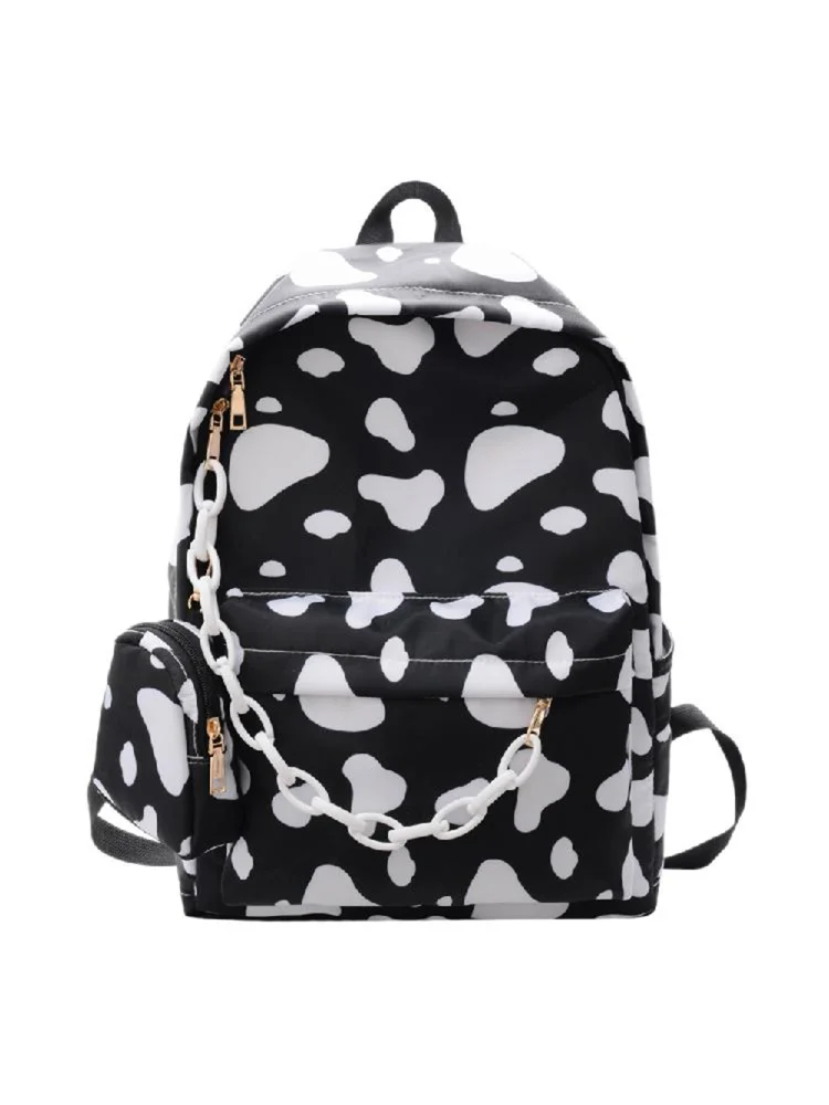Casual Nylon Shoulder School Bag Cow Print Student Travel Backpacks (Black)