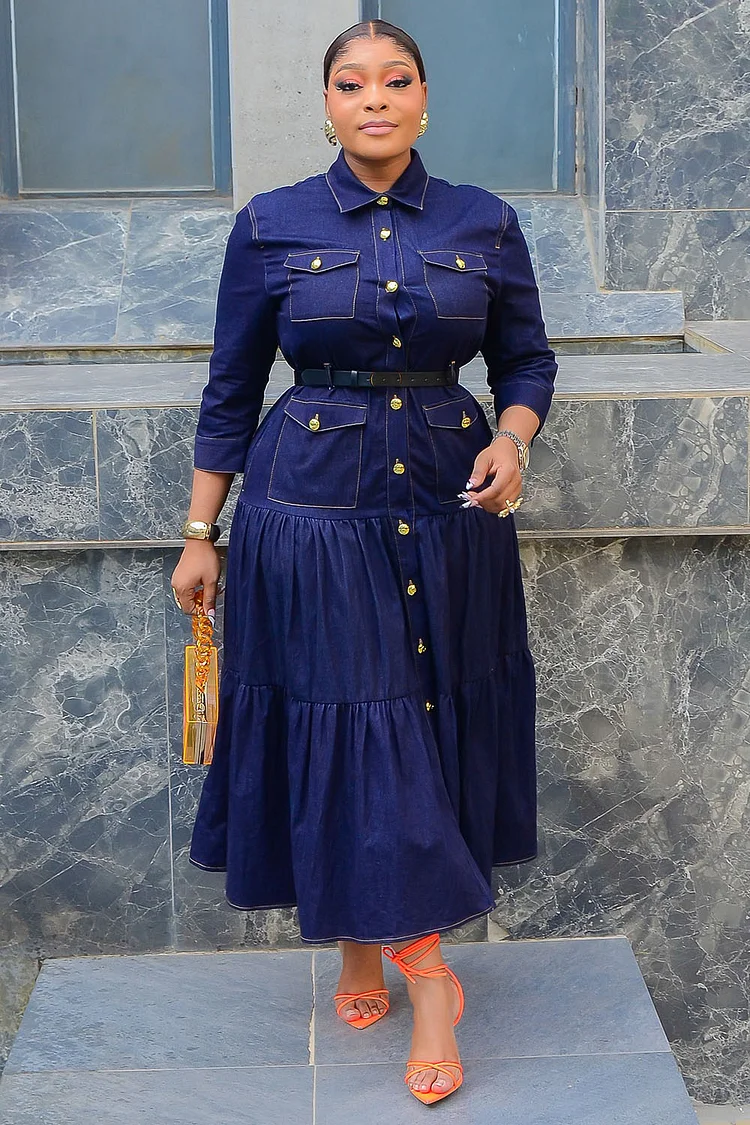 Cargo Pocket Long Sleeve Quilted Daily Maxi Shirt Dresses-Navy [Pre Order]