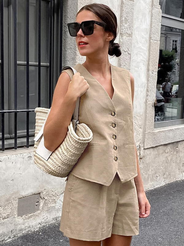 Mature Women Casual Summer New V-neck Sleeveless Vest Shorts Suit