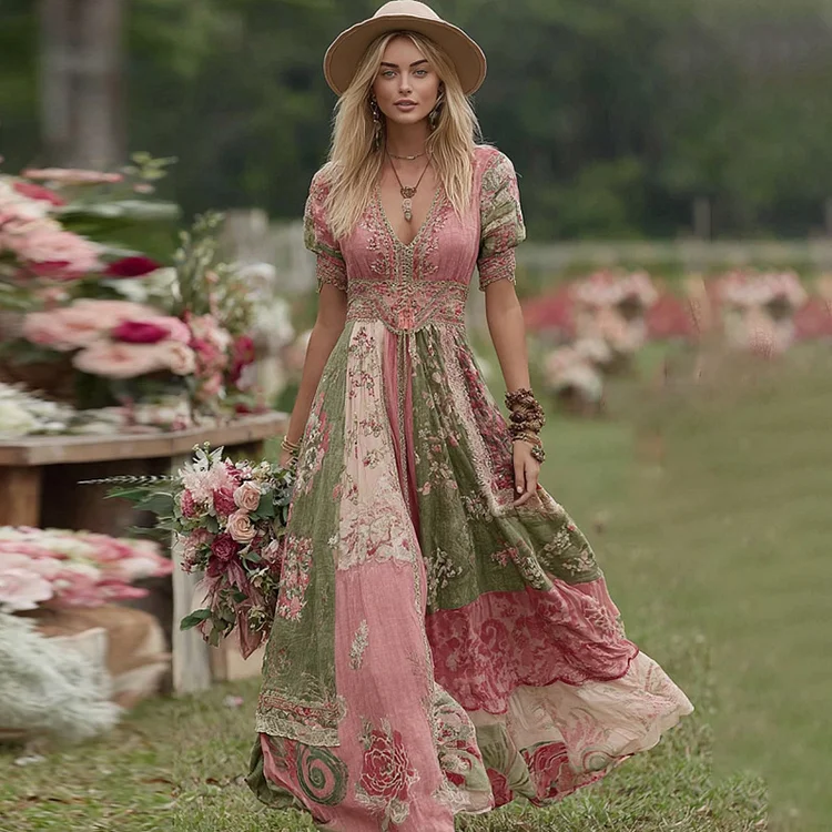 Vintage Boho Floral Patchwork V Neck Flowy Maxi Dress