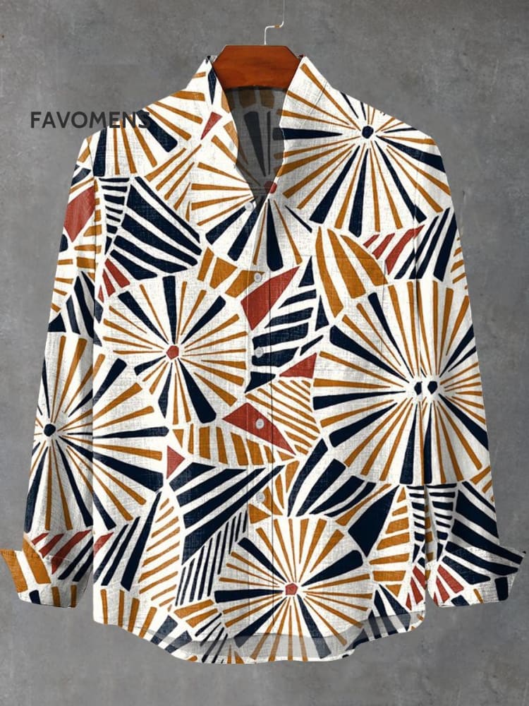 Vintage Abstract Geometry Leaves Art Print 100% Cotton Long Sleeve Shirt Multicolor / S