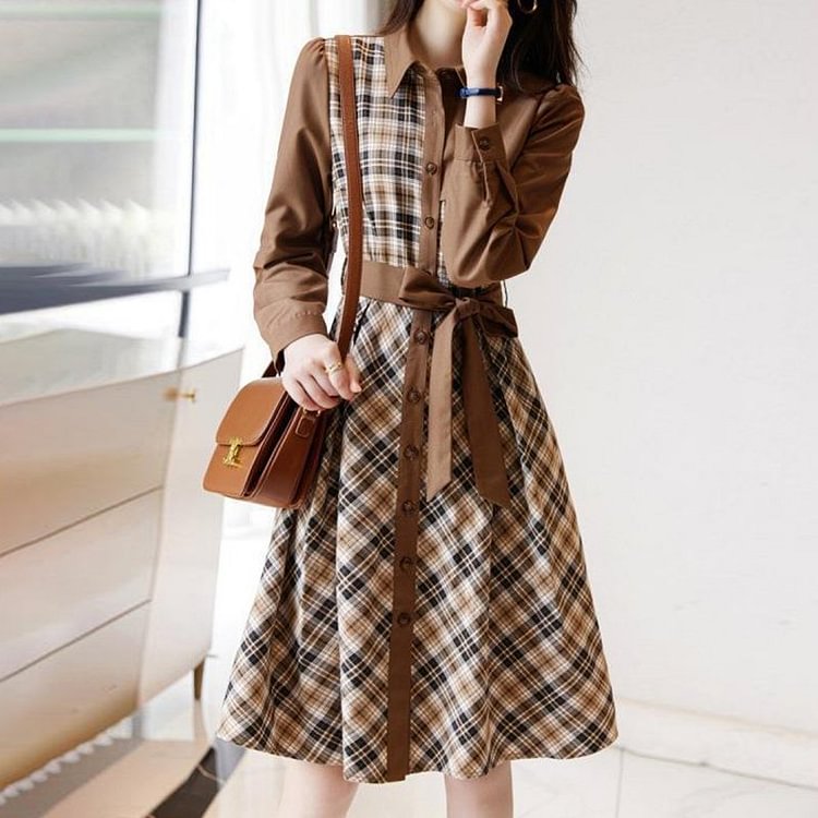 Coffee Swing Checkered/plaid Long Sleeve Paneled Dresses QueenFunky