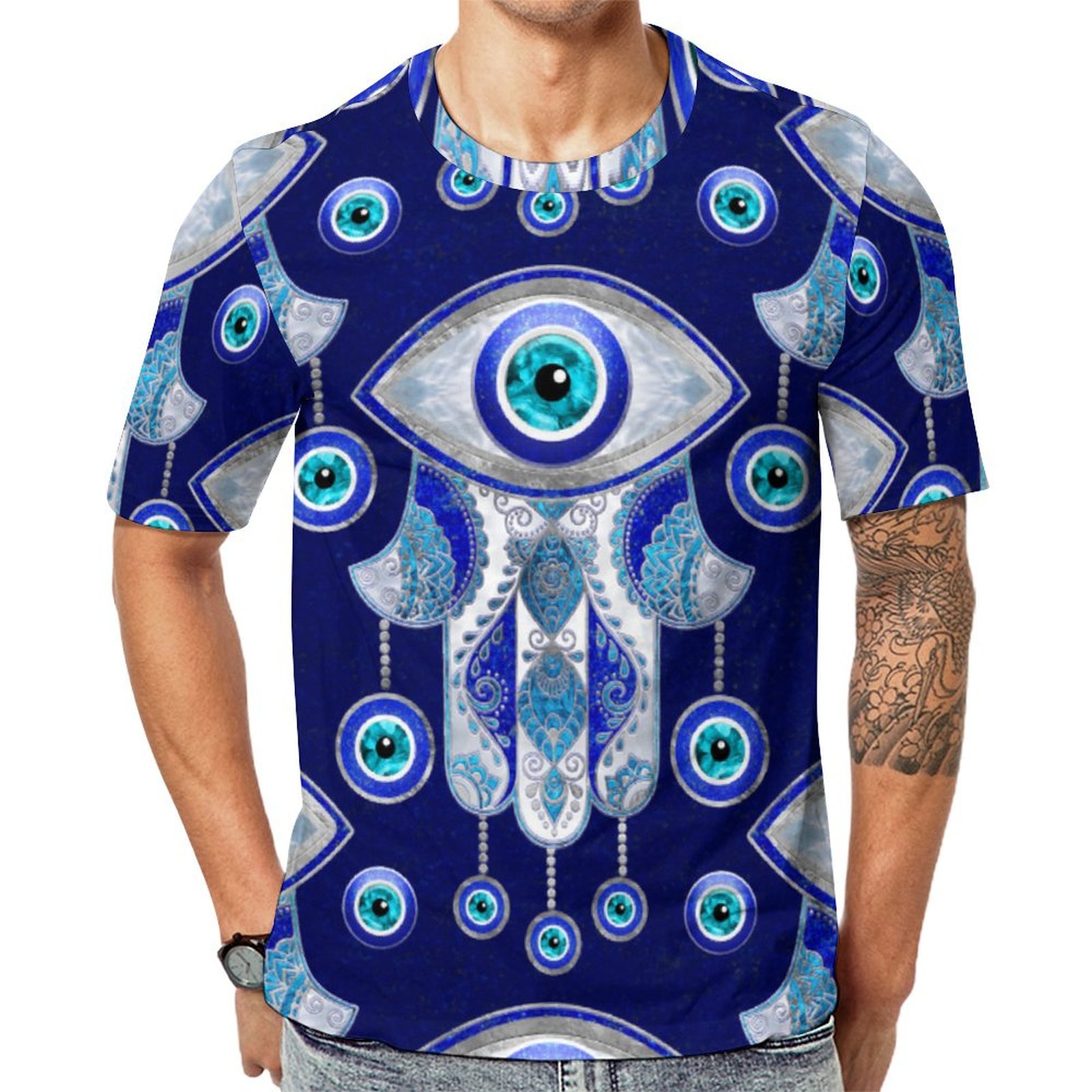 Blue Hamsa Hand Evil Eye Short Sleeve Print Unisex Tshirt Summer Casual Tees for Men and Women Coolcoshirts