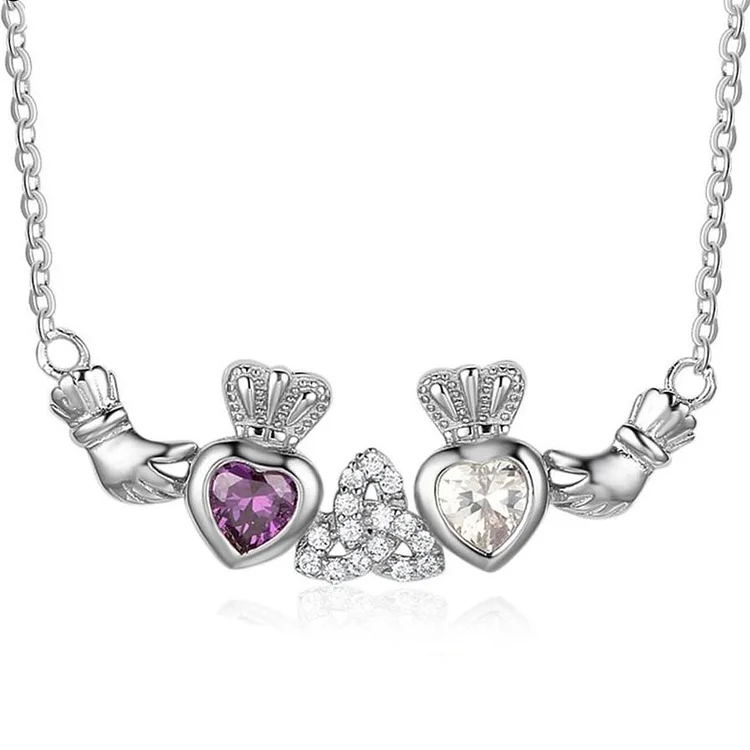 S925 Sterling Silver Personalized Claddagh Necklace with 2 Birthstones