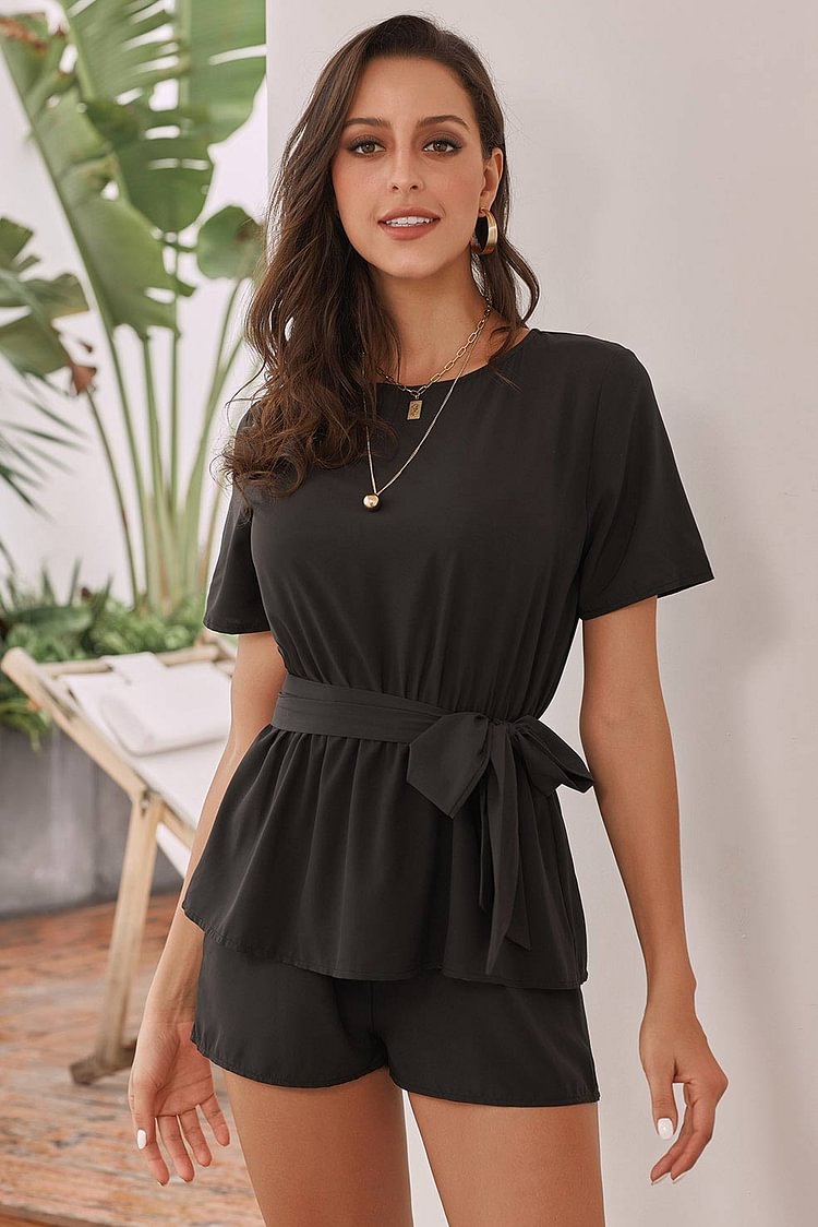 Solid Round Neck Belted Romper - Shop Trendy Women's Clothing | LoverChic