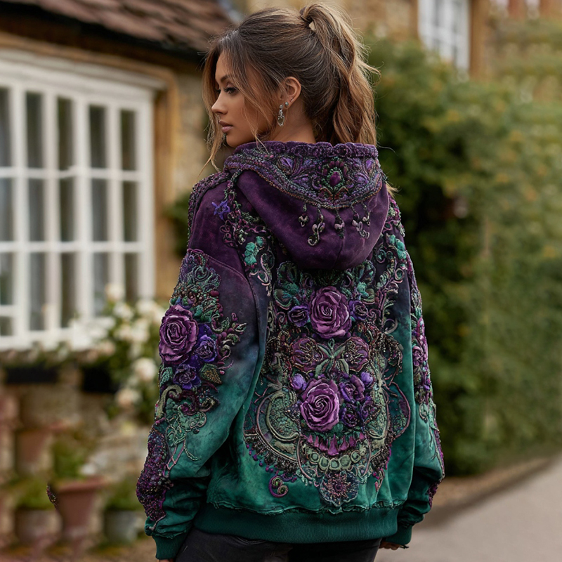 Vintage Floral Embroidery Gradient Art Casual Hooded