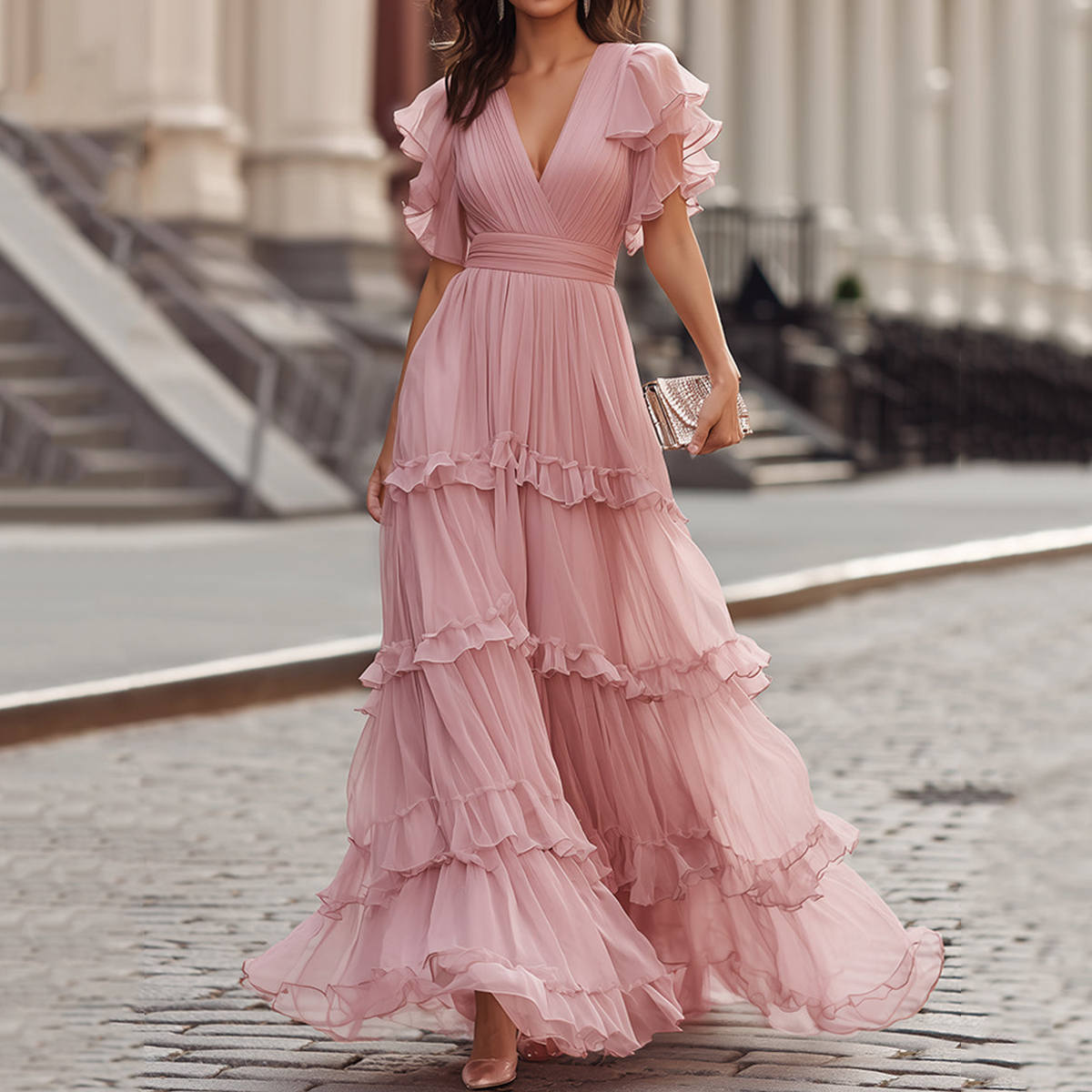 Ruffled V-neck Tiered Maxi Dress elevenforest