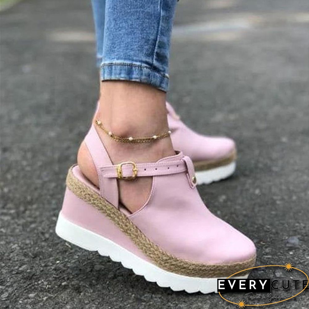 Summer Womens Sweet High Heel Wedge Platform Sandals Metal Button Shoes